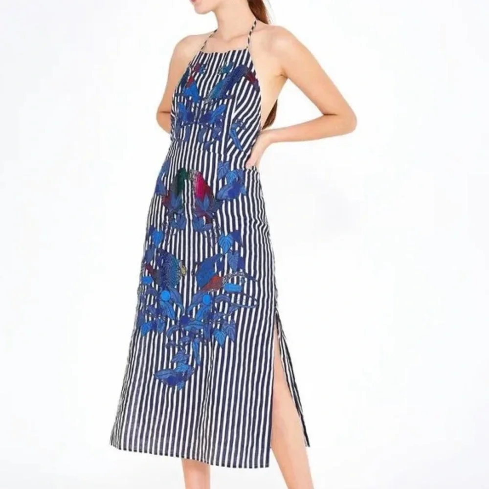 FARM Rio Navy & White Striped Halter Midi Dress with Blue Floral Embroidery - Picture 2 of 8